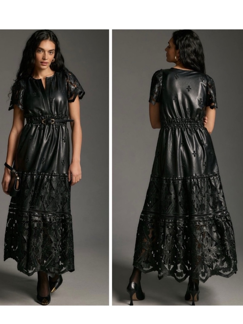 Anthropologie The Somerset Black Faux Leather Embroidered Maxi Dress Petite M